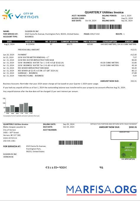Downloadable USA Canada City of Vernon water business utility bill template in Word and PDF formats
